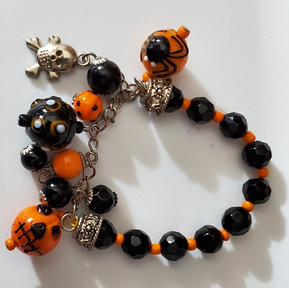Vintage Halloween lampwork beaded beads bracelet pumpkin spider czech